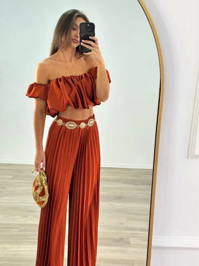 Ensemble Crop-Top a Manches Courte Plissé Nerea