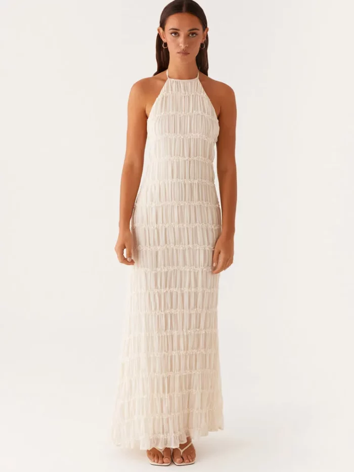 Robe Longue Dos Nu Plissée Col Montant Manuela