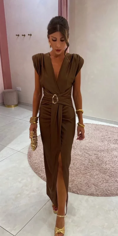 Robe Fendue Avec Col V Anneau Ceinture Zoya